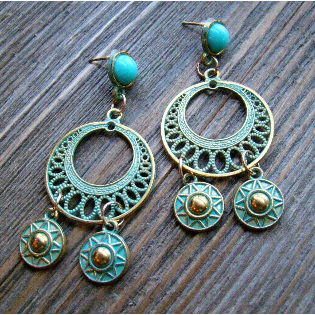 Aztec Chandelier Earrings Gold Tone Turquoise Patina Gypsy Boho Jewelry Blue